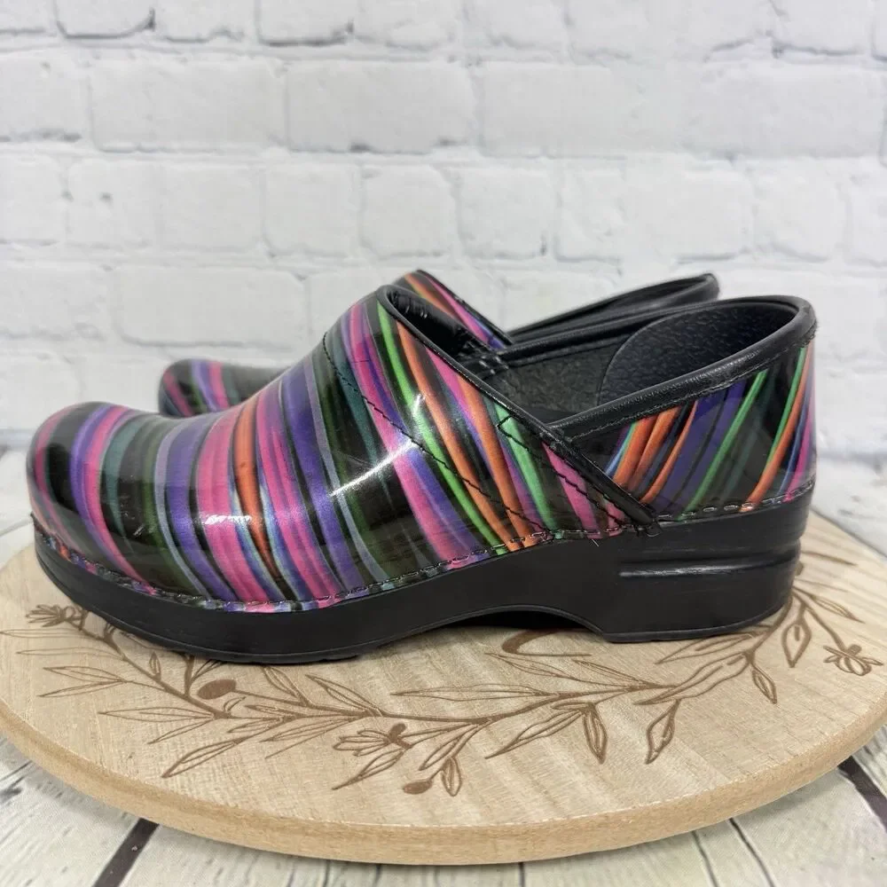 Dansko Professional Clogs Size 37 EU 6.5-7 US Rainbow Stripe Patent Leather Shoe